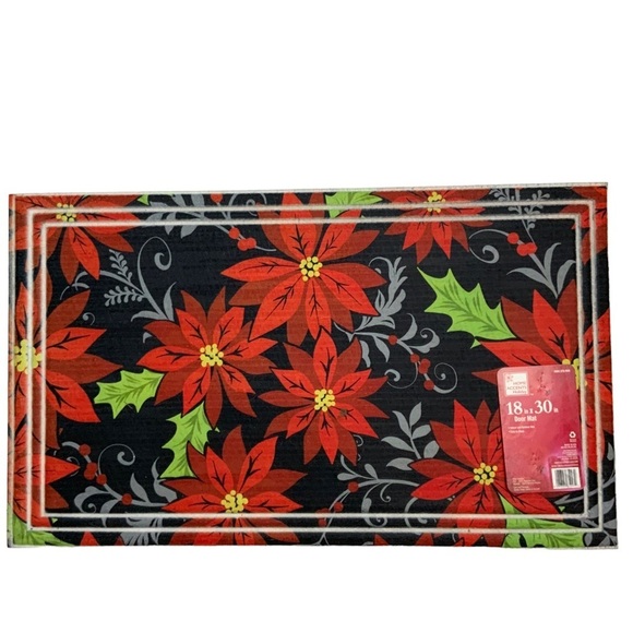 Doormat Christmas Poinsettia Heavy Duty Indoor/Outdoor Red Black 18 x 30 in - Picture 1 of 14